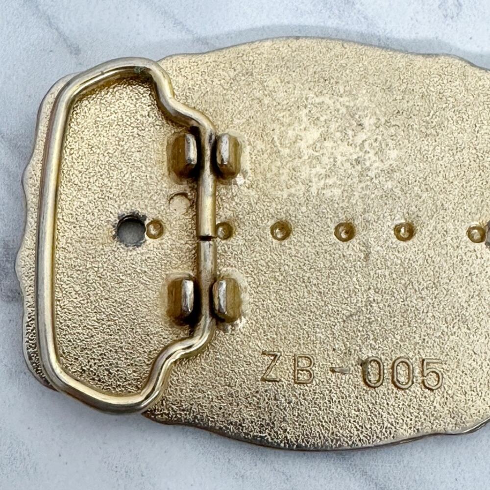 Vintage Western Belt Buckle Gold Tone Black Enamel Scrollwork Bead Dot Border ✨ - Picture 8 of 11